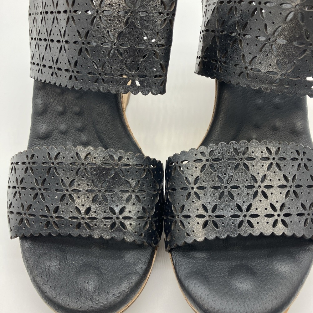 Walking Cradles Sandals 9 W Black Leather Cork Wedge Slingback Shoes Ankle Strap - Picture 13 of 14